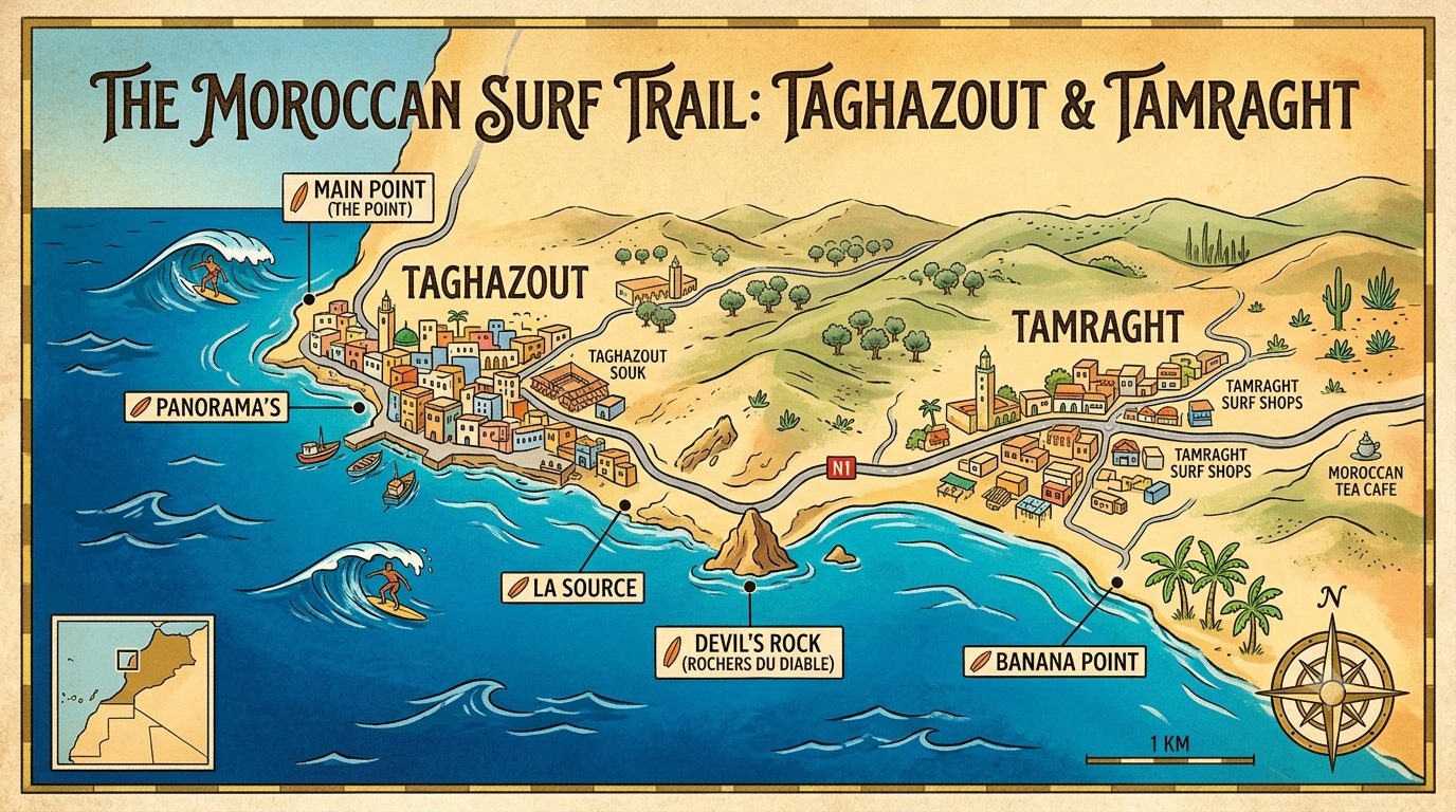 Map of Taghazout and Tamraght surf spots including Main Point, Panorama's, La Source, Devil's Rock, Banana Point