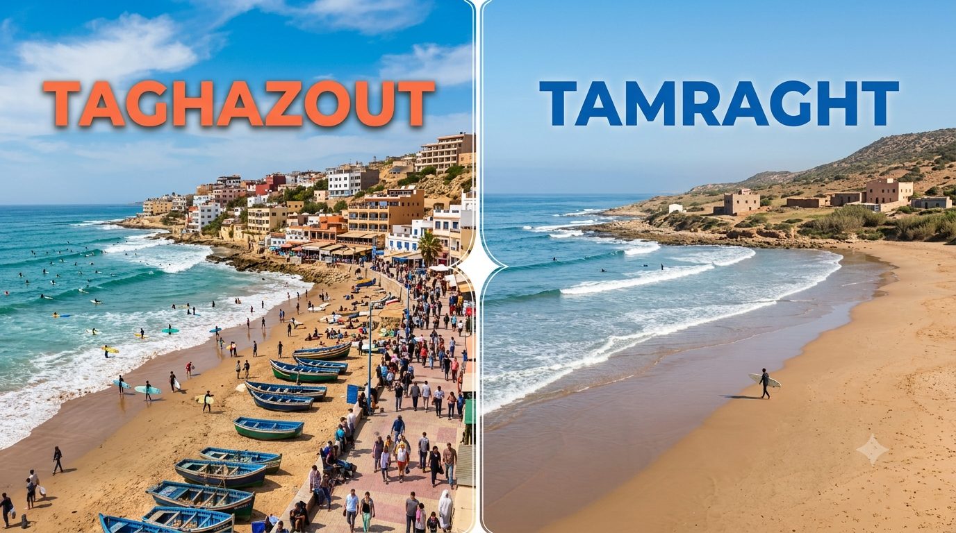 Comparison of Taghazout (busy, vibrant) vs Tamraght (quiet, relaxed) surf towns in Morocco