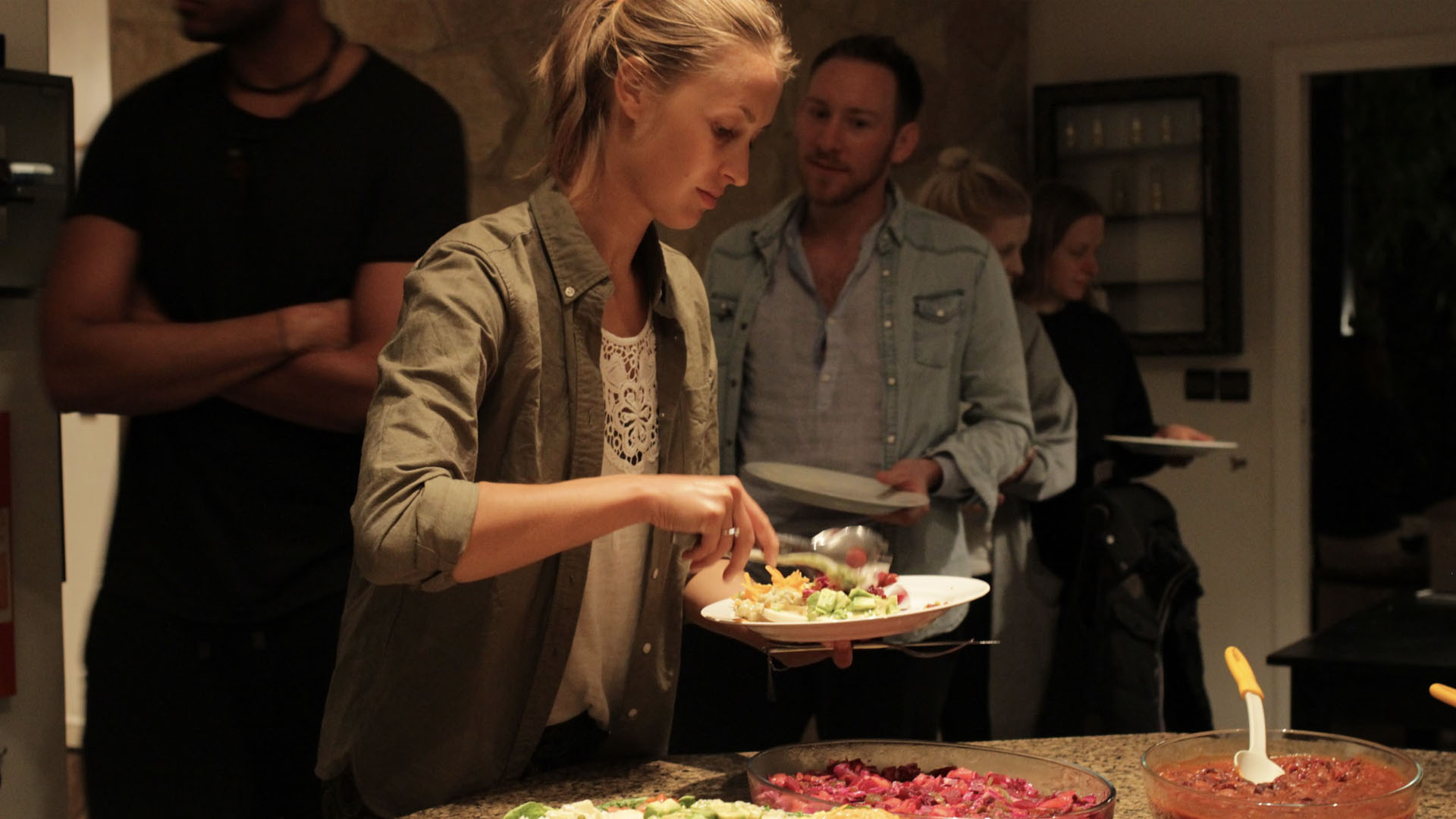 Group dinner at Solid Surf House Morocco surf camp – sharing tagine